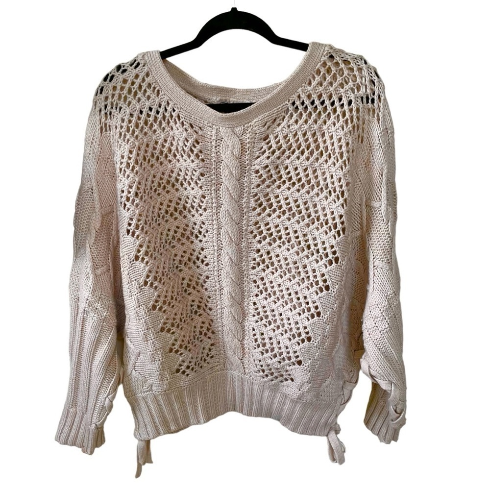 CYNTHIA ROWLEY Wool Crochet Open Knit Sweater Tan M